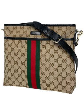 Gucci GG Pattern Shoulder Bag Sherry Line Web Canvas Beige Black